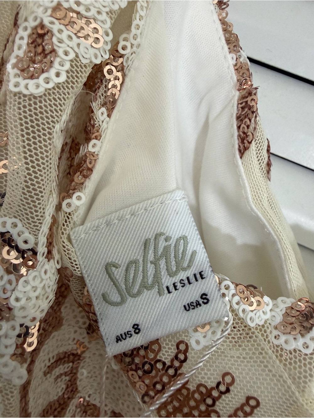 Selfie Leslie White Mini Dress with brown Gold Lace Accents - Picture 8 of 8